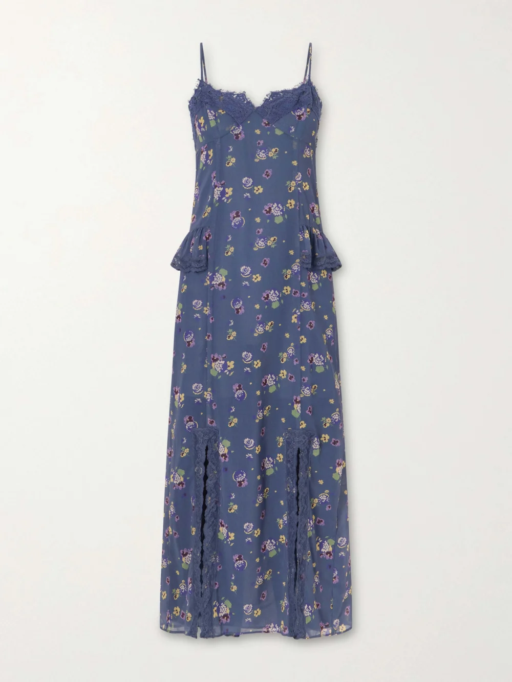Anna Sui Night Blooming Floral-print Lace-trimmed Chiffon Midi Dress in blue