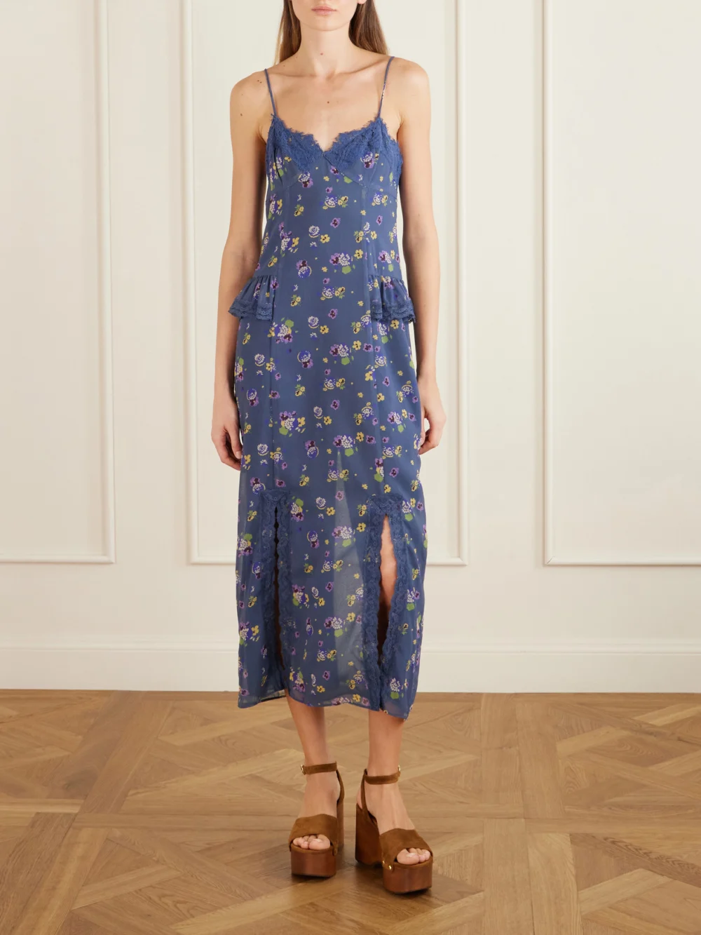 Anna Sui Night Blooming Floral-print Lace-trimmed Chiffon Midi Dress, worn by a model