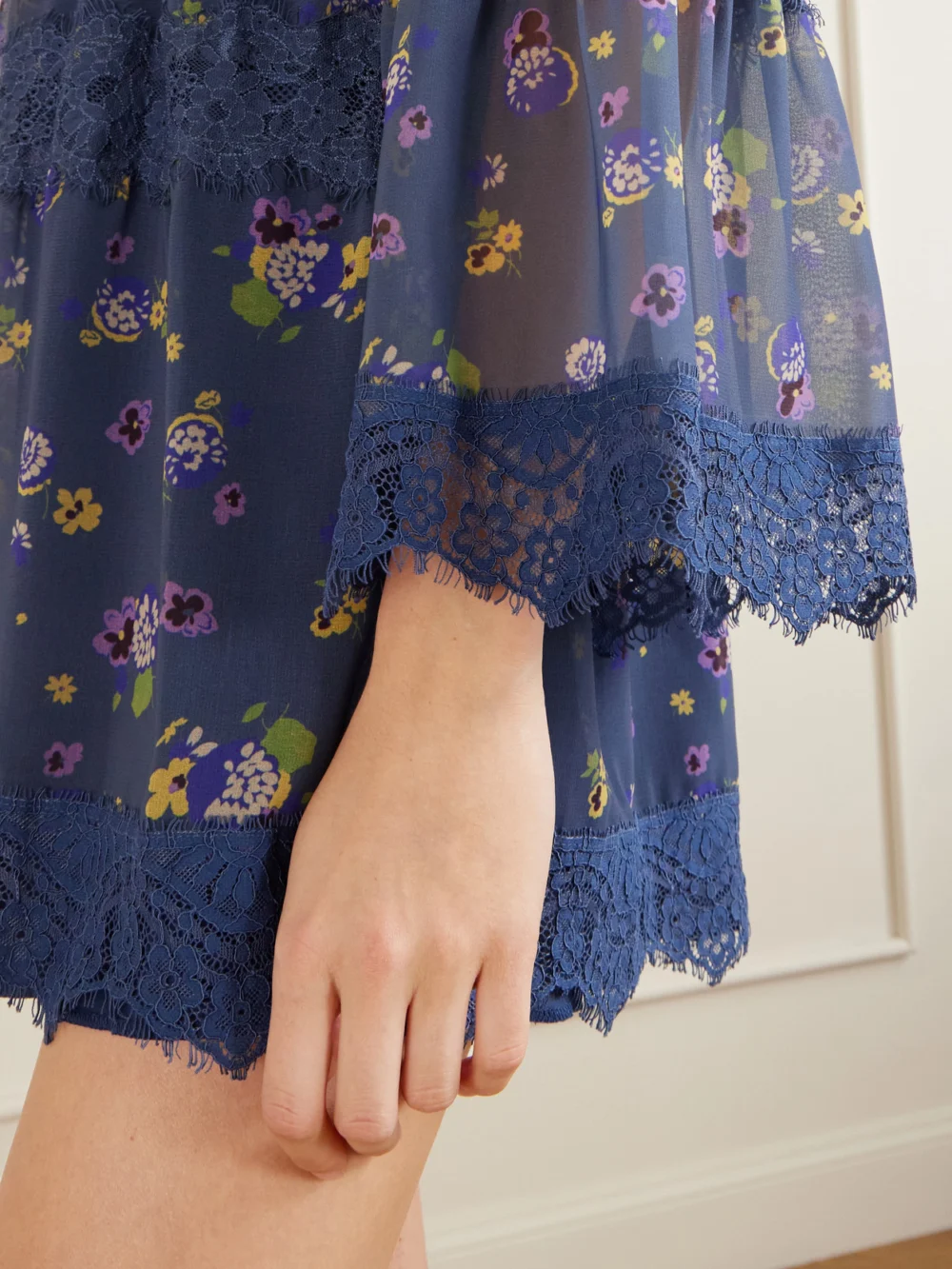 Close-up detail of the Anna Sui Pleated Floral-print Lace-trimmed Chiffon Mini Dress