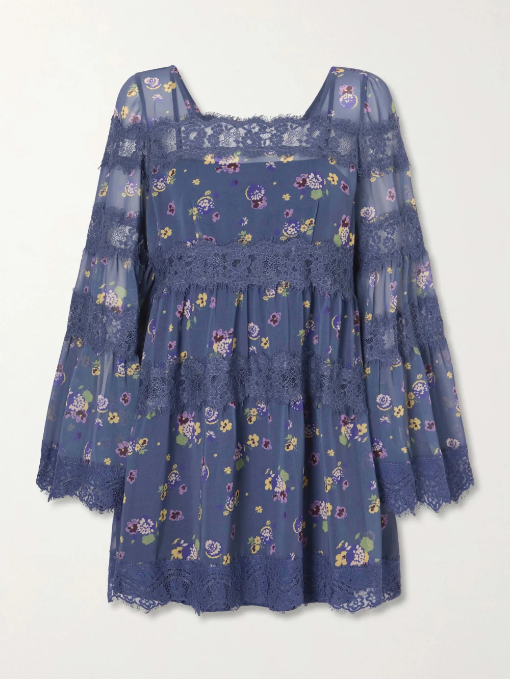 Anna Sui Pleated Floral-print Lace-trimmed Chiffon Mini Dress in blue