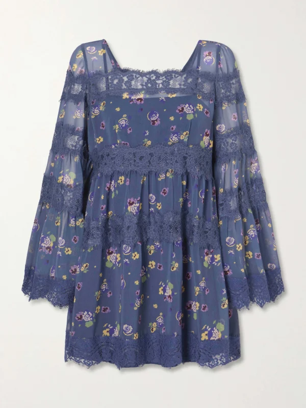 Anna Sui Pleated Floral-print Lace-trimmed Chiffon Mini Dress