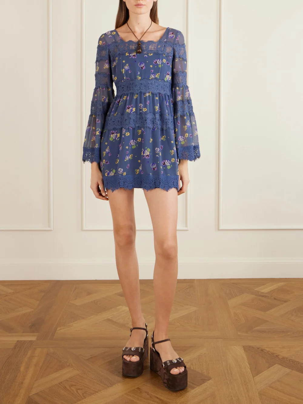 Anna Sui Pleated Floral-print Lace-trimmed Chiffon Mini Dress, worn by a model