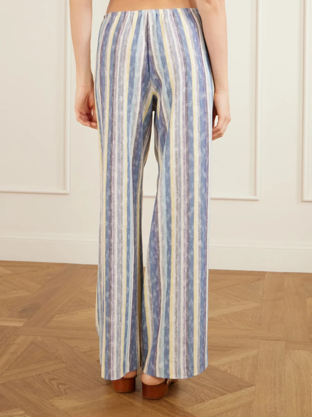 Back view of the Anna Sui Serape Striped Crocheted Cotton-blend Wide-leg Pants
