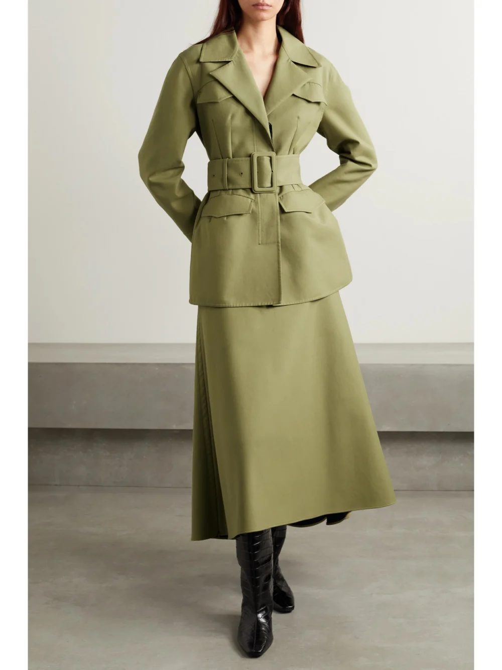 Another Tomorrow Cotton-twill Midi Skirt, worn by a model