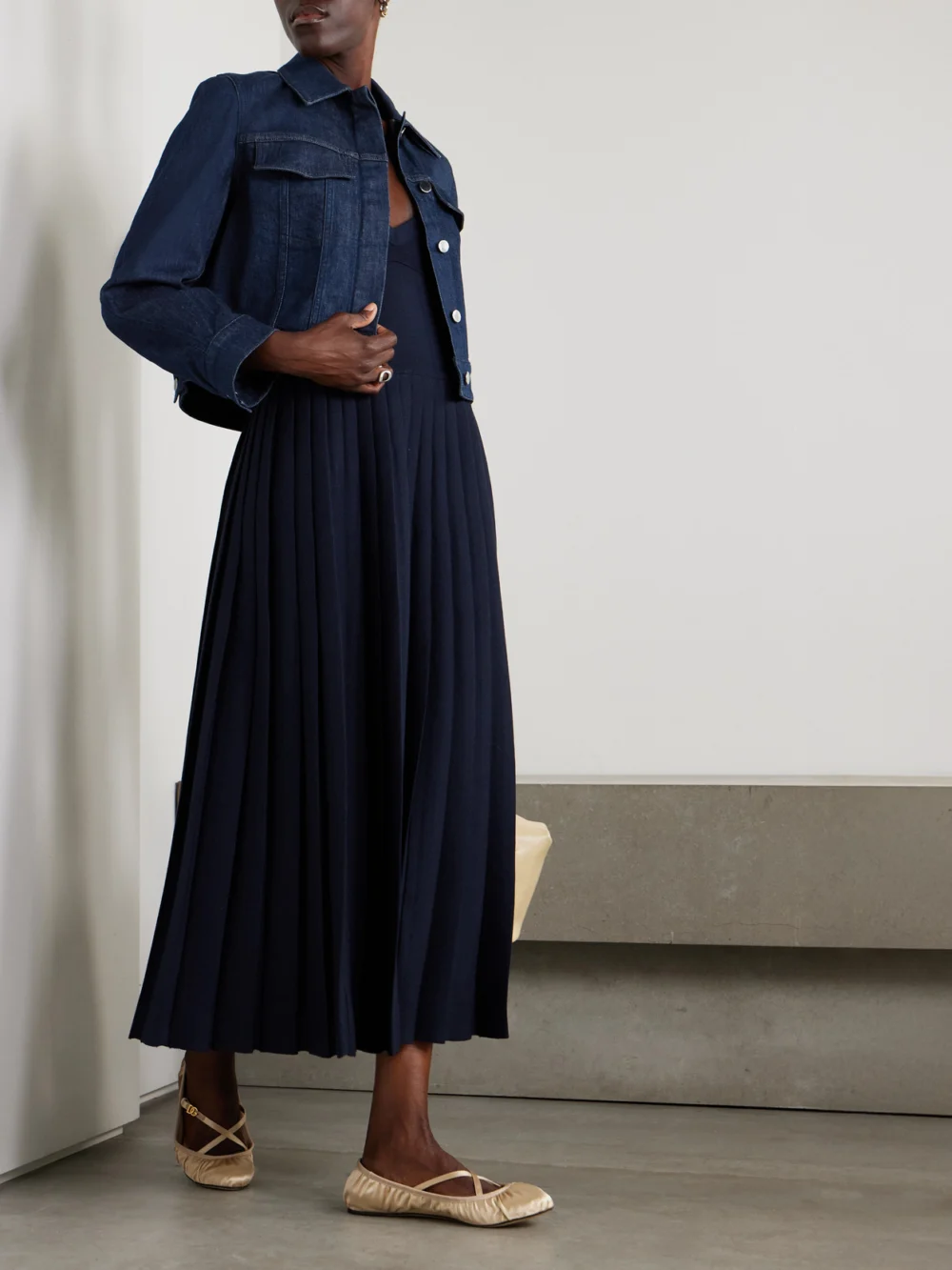 Another Tomorrow Cropped Denim Jacket, worn by a model