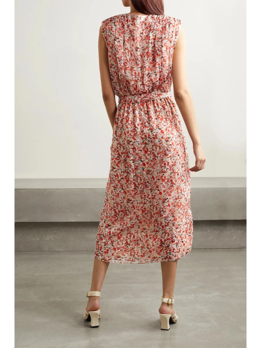 Back view of the Another Tomorrow Gathered Printed Peace Silk Midi Dress