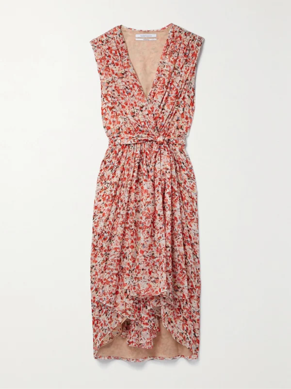 Another Tomorrow Gathered Printed Peace Silk Midi Dress