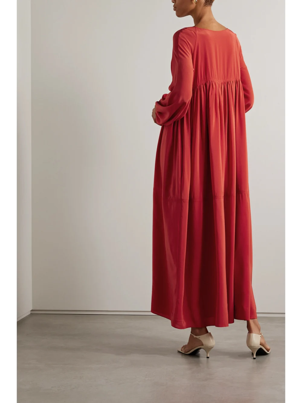 Back view of the Another Tomorrow Gathered Silk Crepe De Chine Maxi Dress