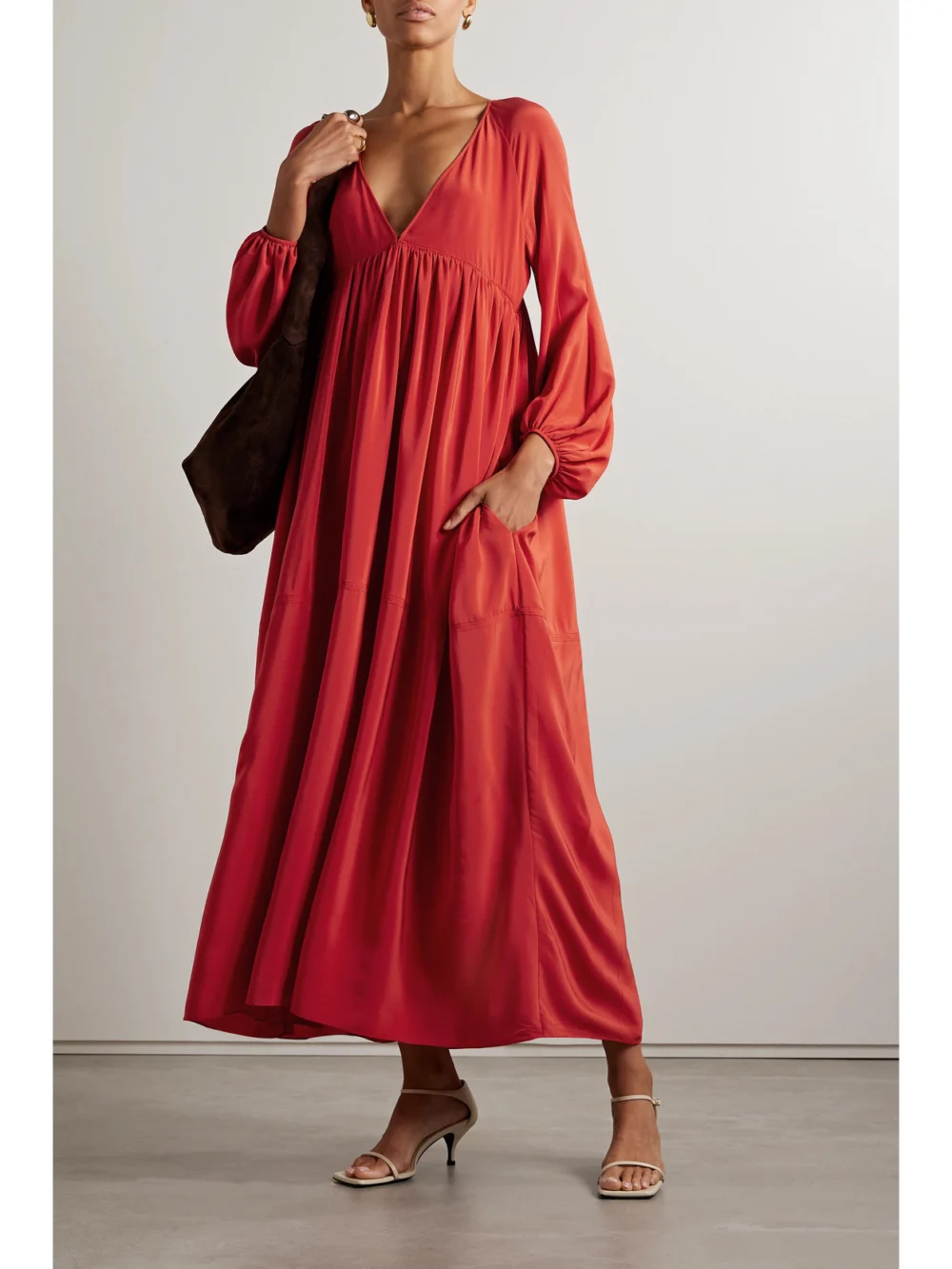 Another Tomorrow Gathered Silk Crepe De Chine Maxi Dress, worn by a model