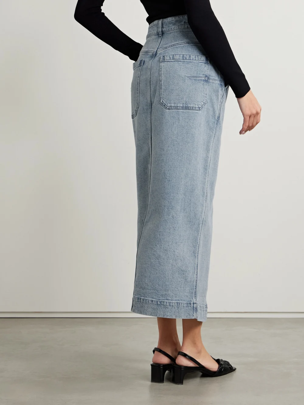 Back view of the Another Tomorrow Organic Denim Midi Skirt