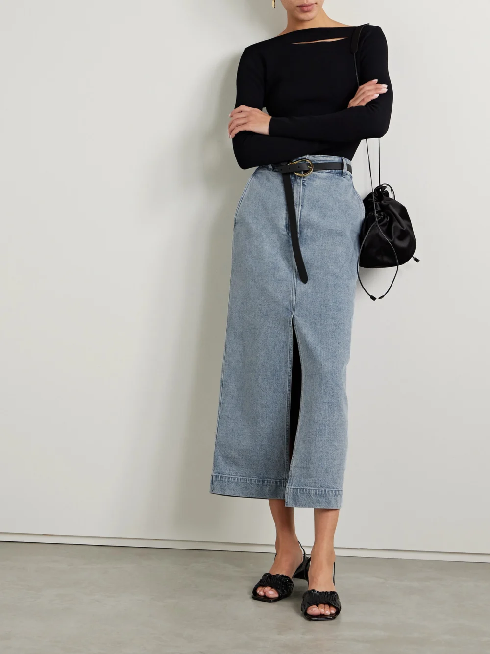 Another Tomorrow Organic Denim Midi Skirt, worn by a model