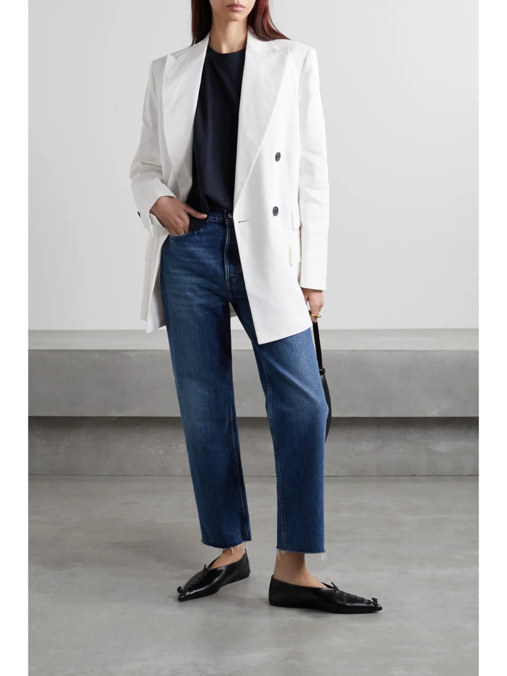 Another Tomorrow Organic Double-breasted Hemp-blend Blazer, worn by a model