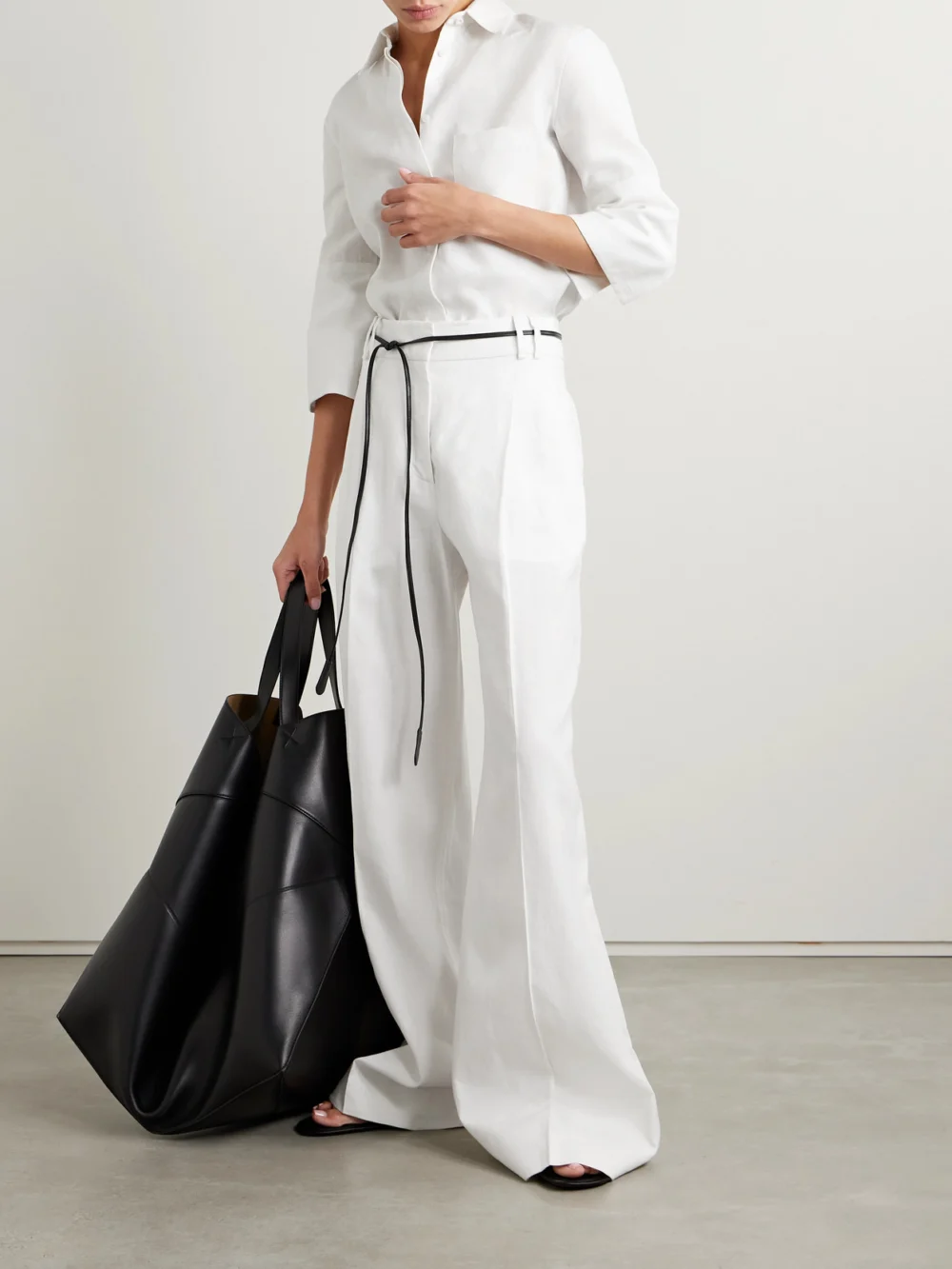 Another Tomorrow Pleated Linen Wide-leg Pants, worn by a model