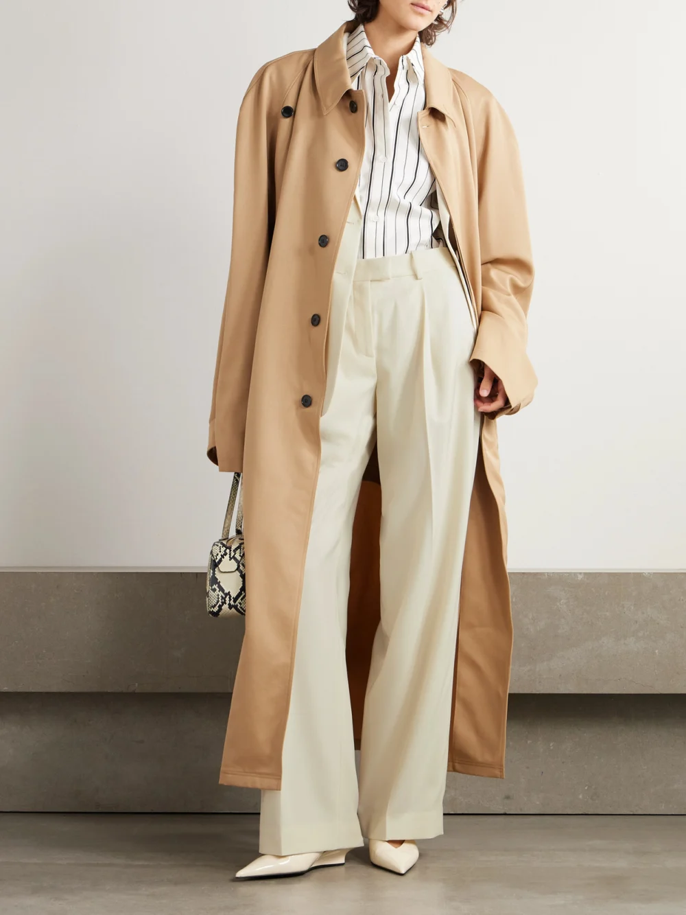 Another Tomorrow Pleated Merino Wool-twill Wide-leg Pants, worn by a model