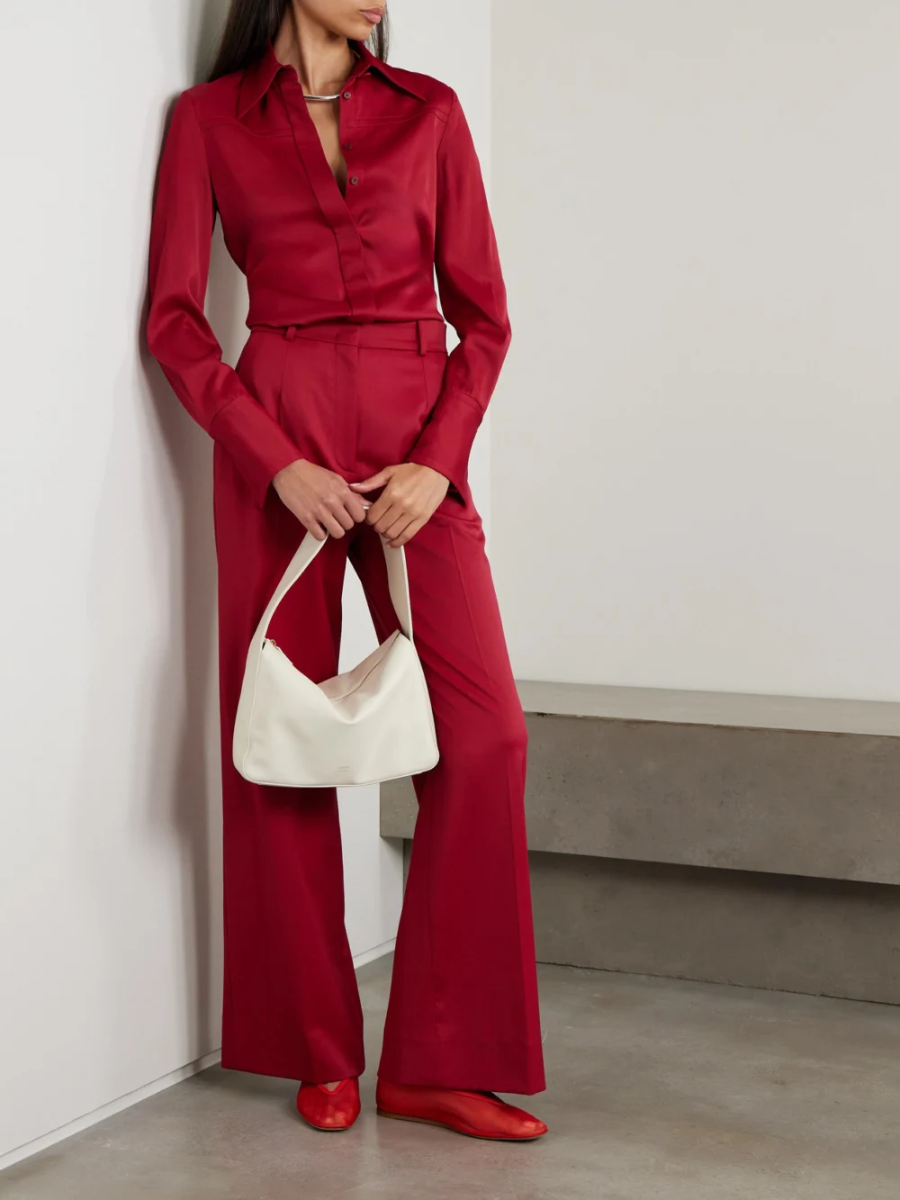 Another Tomorrow Satin-crepe Shirt, worn by a model