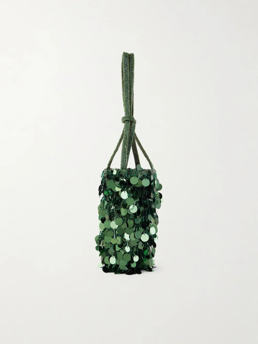 Back view of the Anya Hindmarch Filippo Berio Mini Embellished Satin Bucket Bag