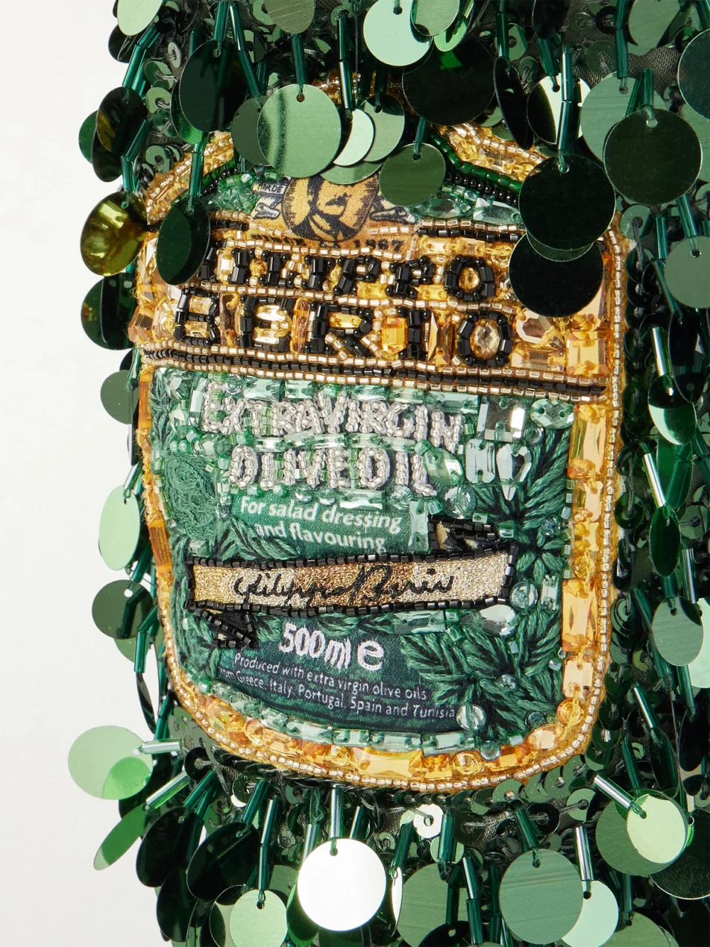 Close-up detail of the Anya Hindmarch Filippo Berio Mini Embellished Satin Bucket Bag