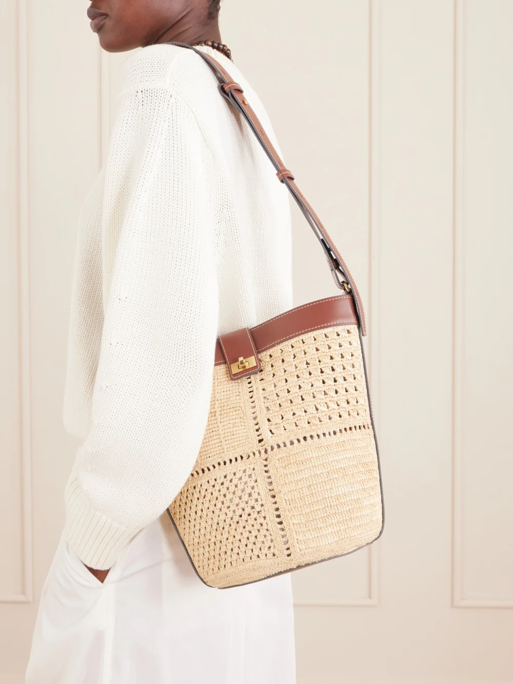 Anya Hindmarch Leather-trimmed Raffia Crossbody Bag, styled view