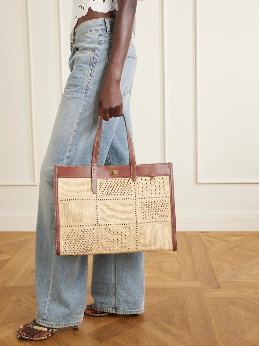 Anya Hindmarch Mortimer Leather-trimmed Woven Raffia Tote, styled view