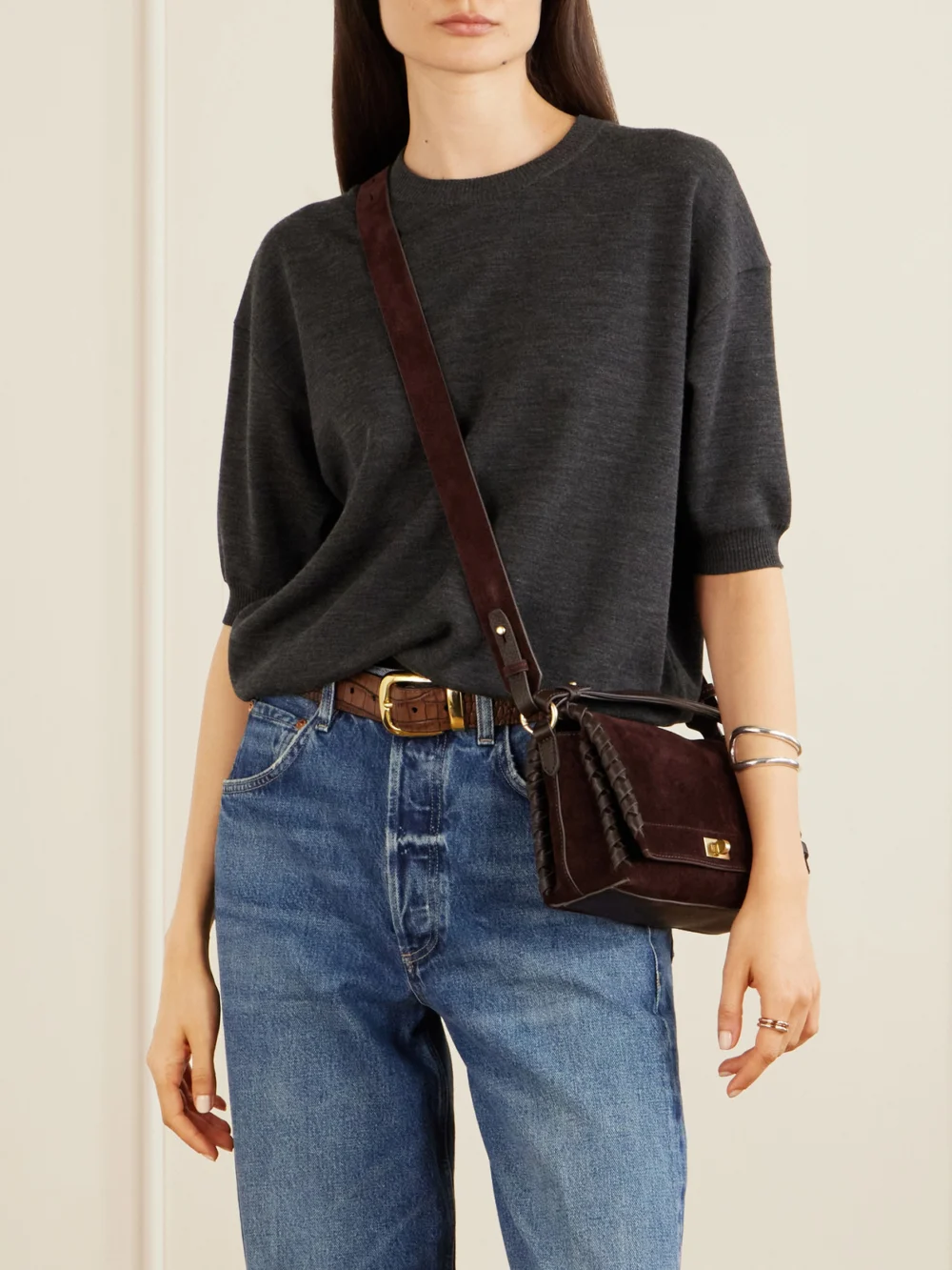 Anya Hindmarch Mortimer Suede Leather Bag, styled view