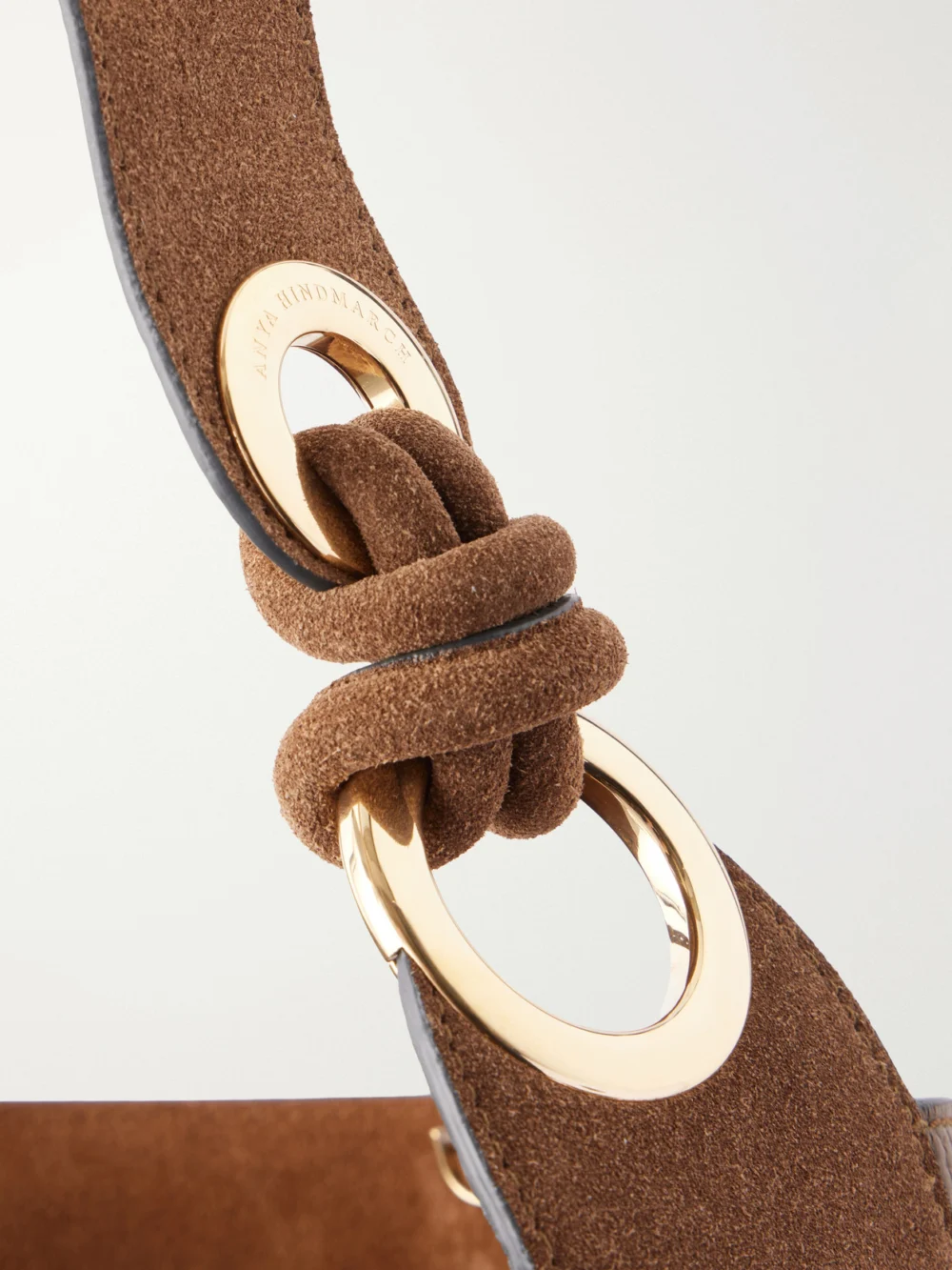 Close-up detail of the Anya Hindmarch Ringo Suede-trimmed Textured-leather Tote