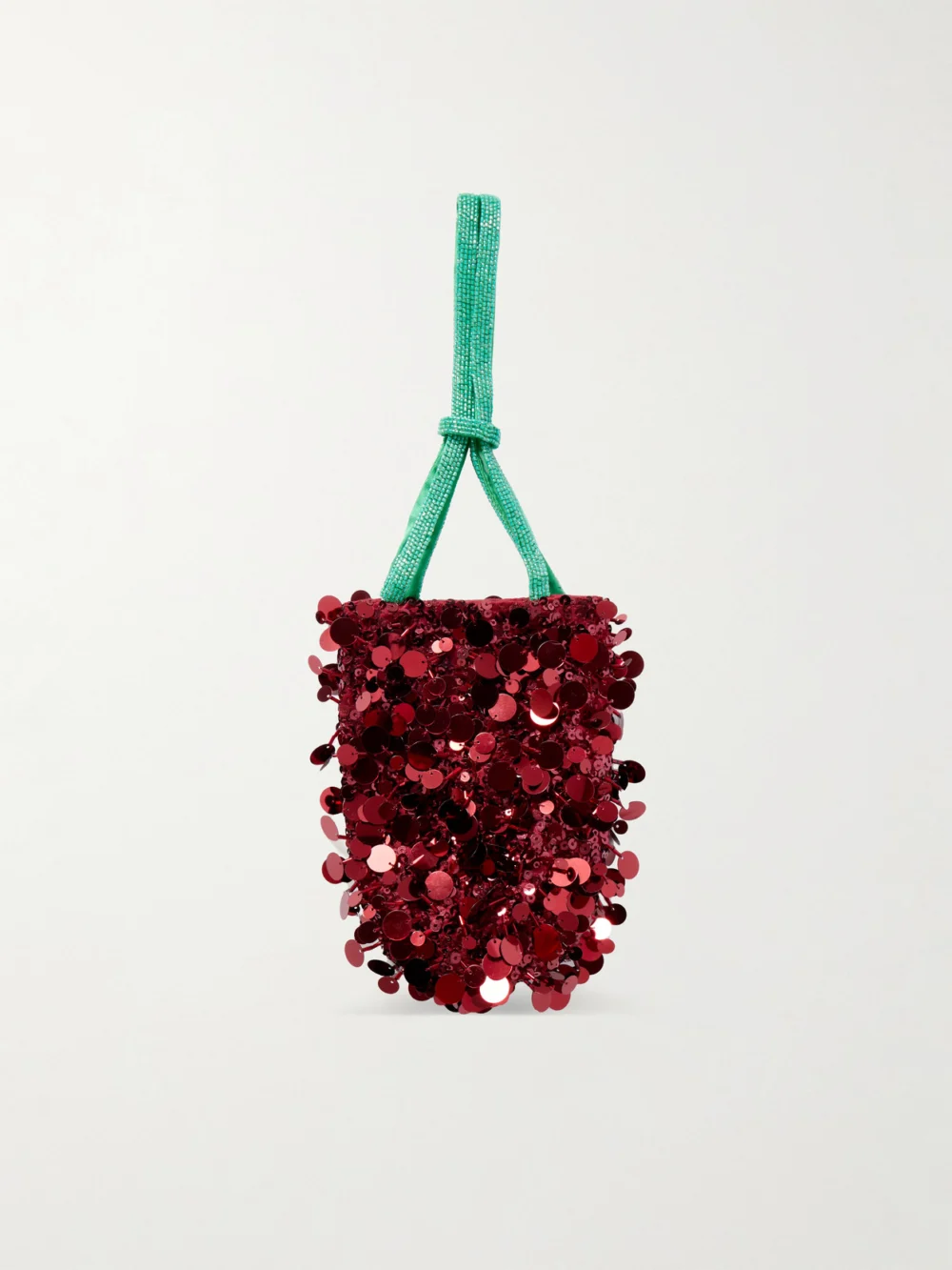 Back view of the Anya Hindmarch Sriracha Mini Embellished Satin Bucket Bag