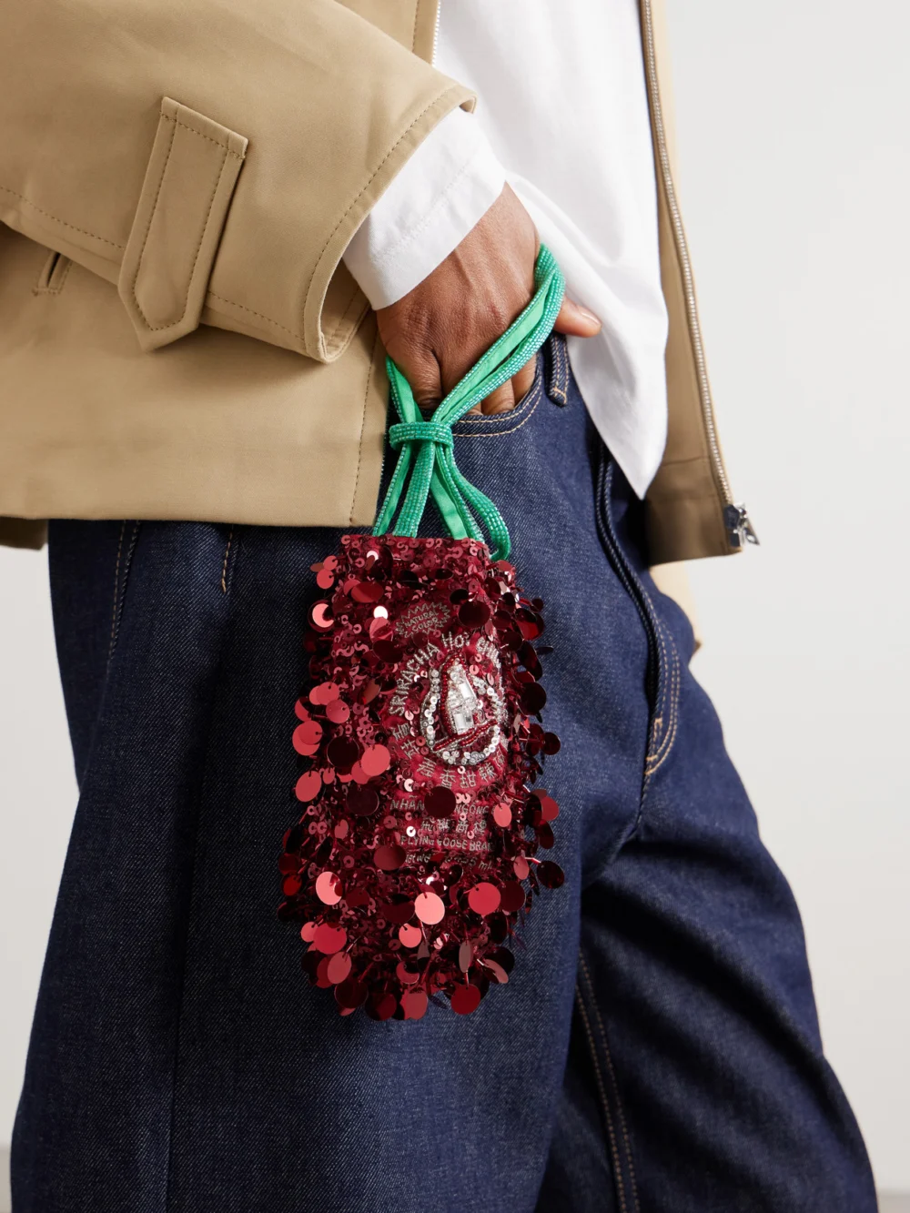 Anya Hindmarch Sriracha Mini Embellished Satin Bucket Bag, styled view