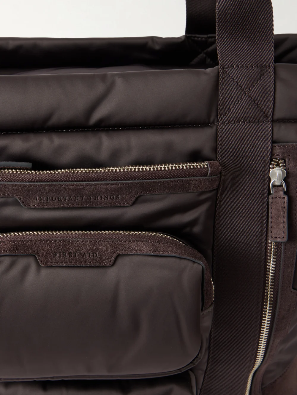 Close-up detail of the Anya Hindmarch Travel Leather-trimmed Shell Weekend Bag