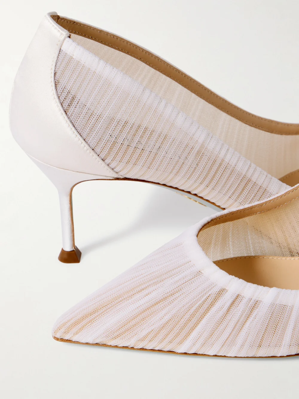 Close-up detail of the Aquazzura 65 Satin-trimmed Ruched Tulle Point-toe Pumps