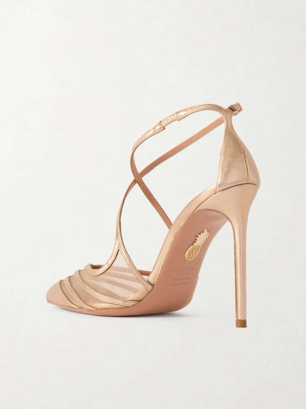 Back view of the Aquazzura Alana 105 Metallic Leather and Mesh Pumps