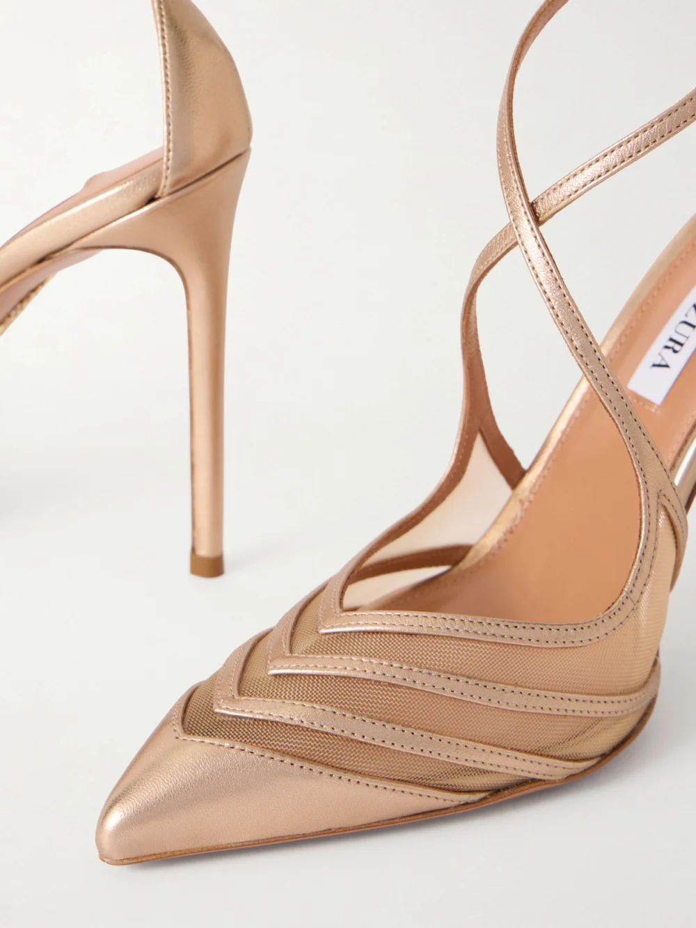 Close-up detail of the Aquazzura Alana 105 Metallic Leather and Mesh Pumps