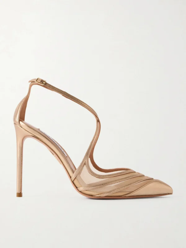 Aquazzura Alana 105 Metallic Leather and Mesh Pumps