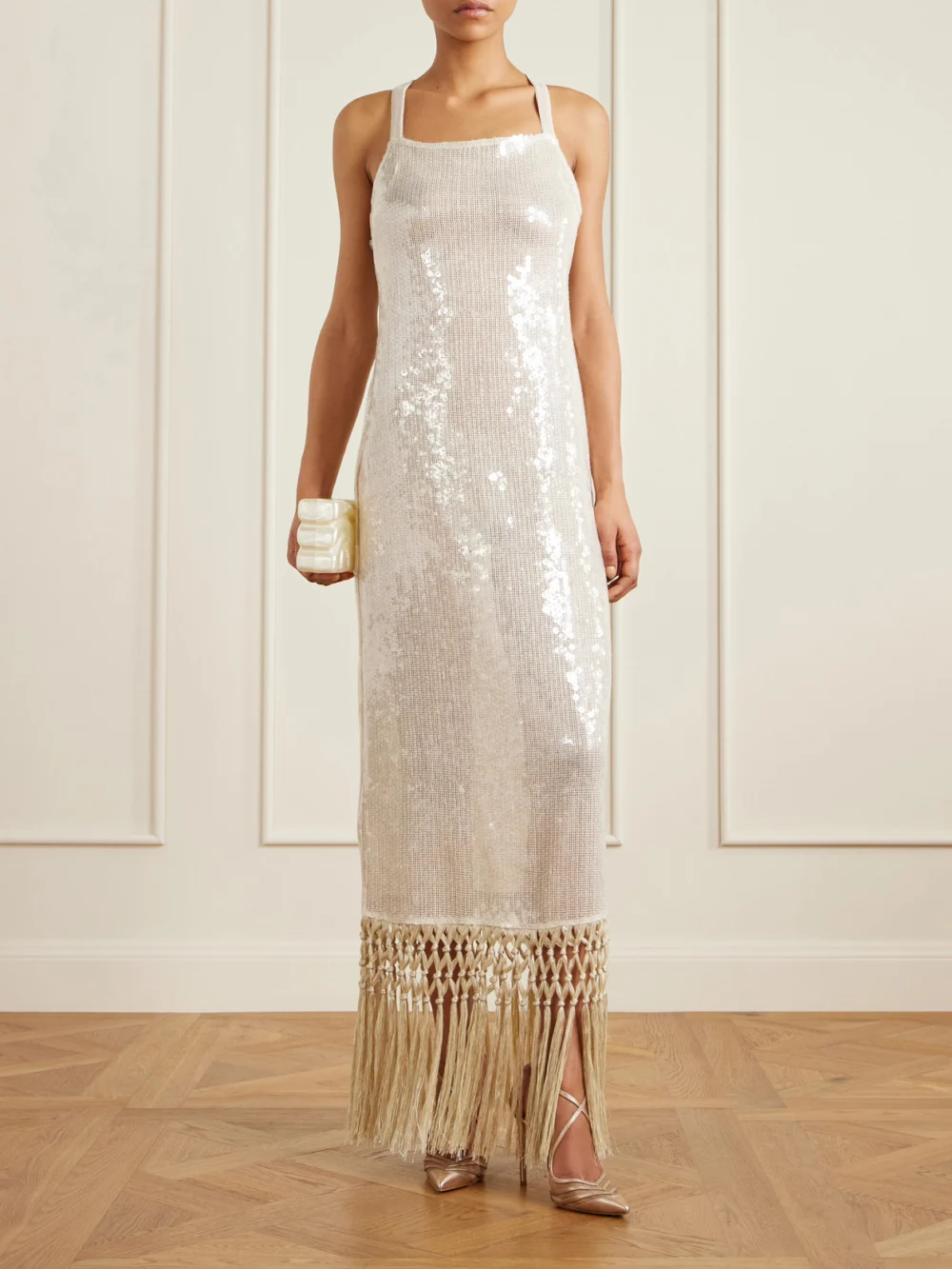 Aquazzura Alana 105 Metallic Leather and Mesh Pumps, styled view