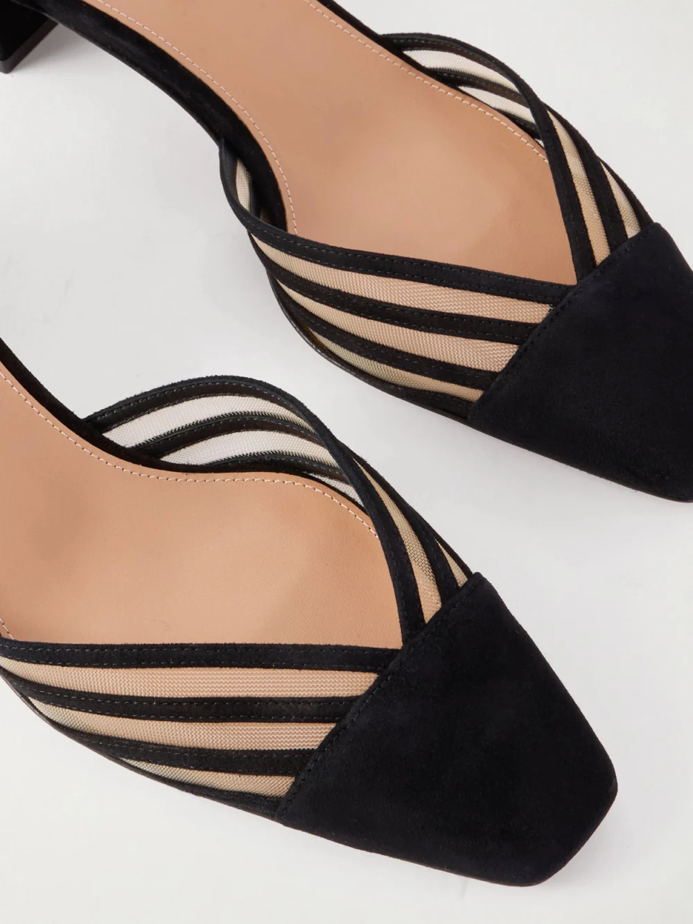 Close-up detail of the Aquazzura Alana 35 Suede-trimmed Mesh Pumps