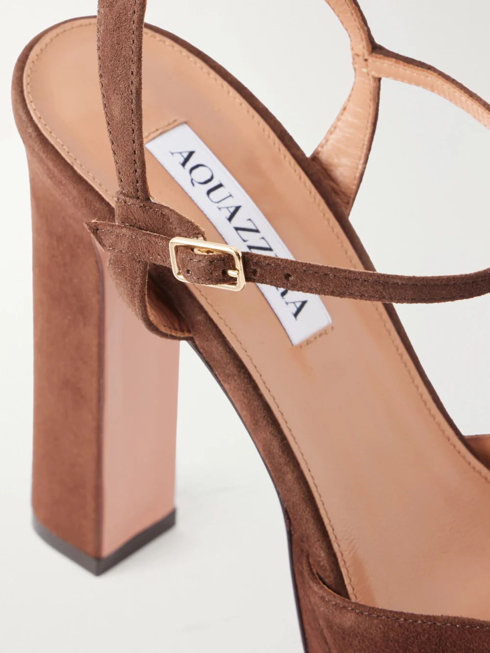 Close-up detail of the Aquazzura Amira 110 Suede Platform Pumps