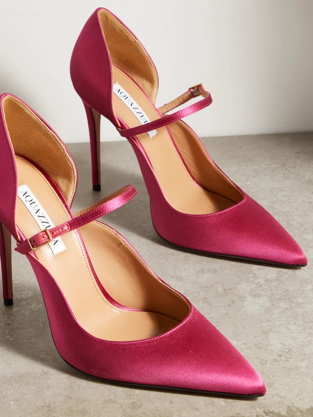 Close-up detail of the Aquazzura Bellezza 105 Satin Mary Jane Pumps