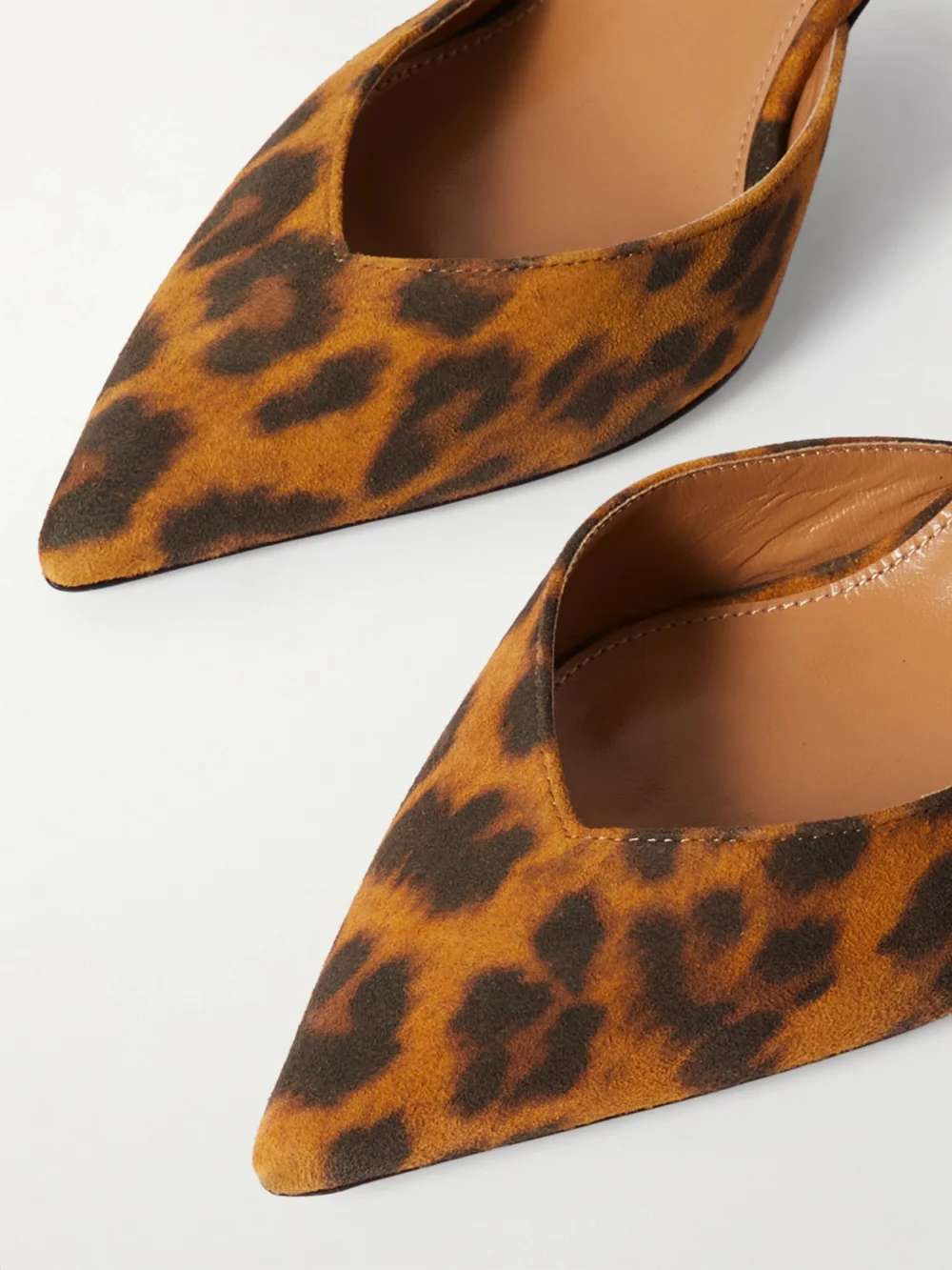 Close-up detail of the Aquazzura Beyond Leather-trimmed Leopard-print Suede Pumps