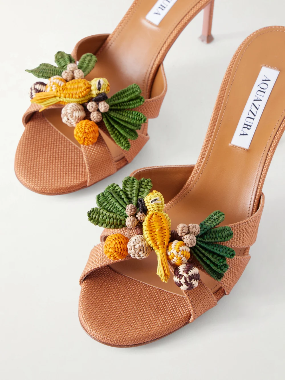 Close-up detail of the Aquazzura Birdsong 75 Raffia Mules