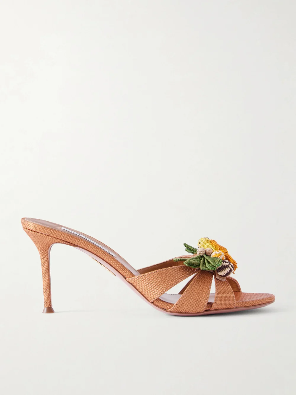 Aquazzura Birdsong 75 Raffia Mules in tan