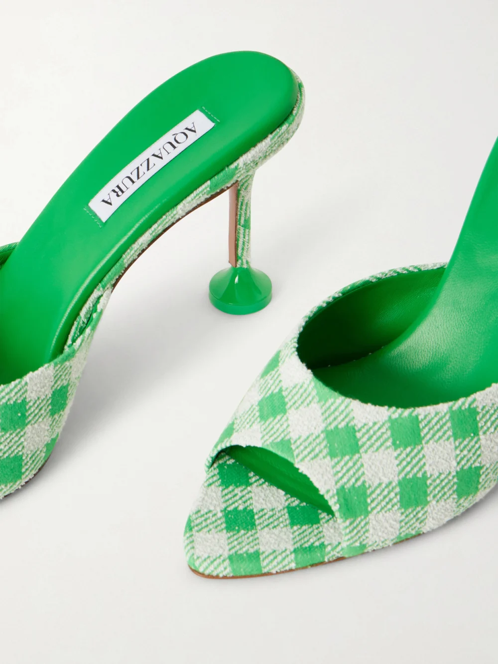 Close-up detail of the Aquazzura Bisous 85 Checked Jacquard Mules
