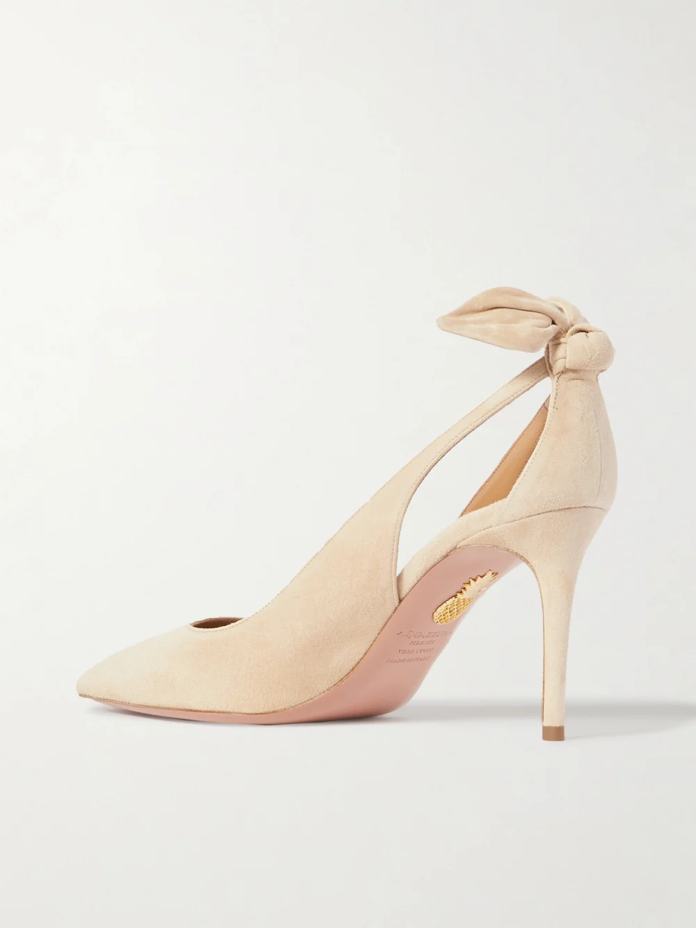 Back view of the Aquazzura Bow Tie 85 Suede Pumps