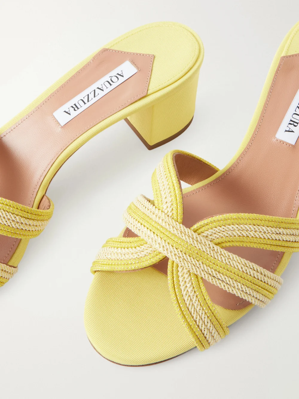 Close-up detail of the Aquazzura Day Dream 50 Metallic Raffia Mules