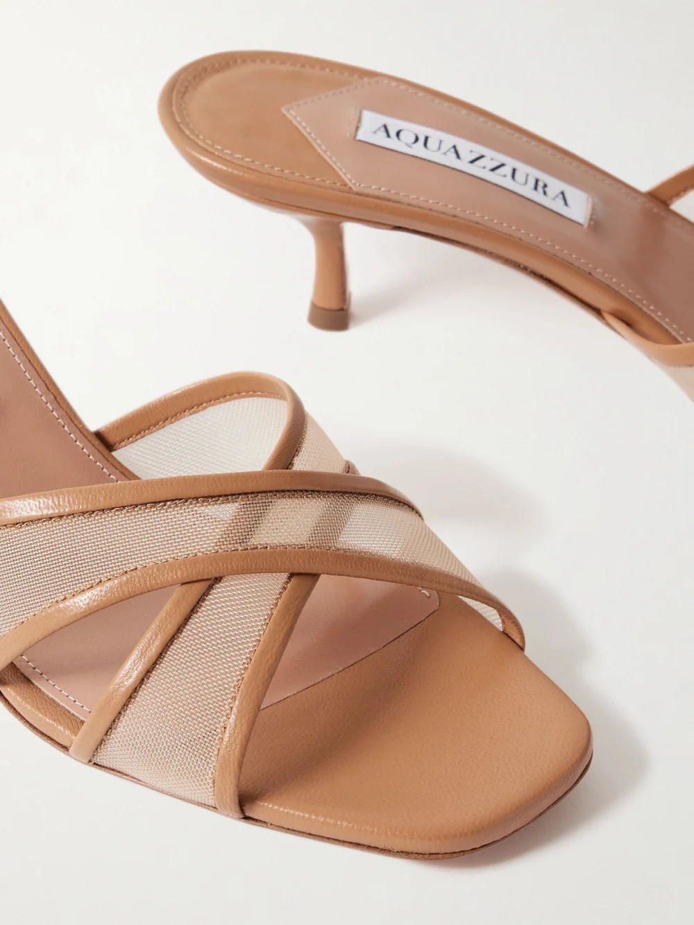 Close-up detail of the Aquazzura Divine 50 Leather-trimmed Tulle Mules