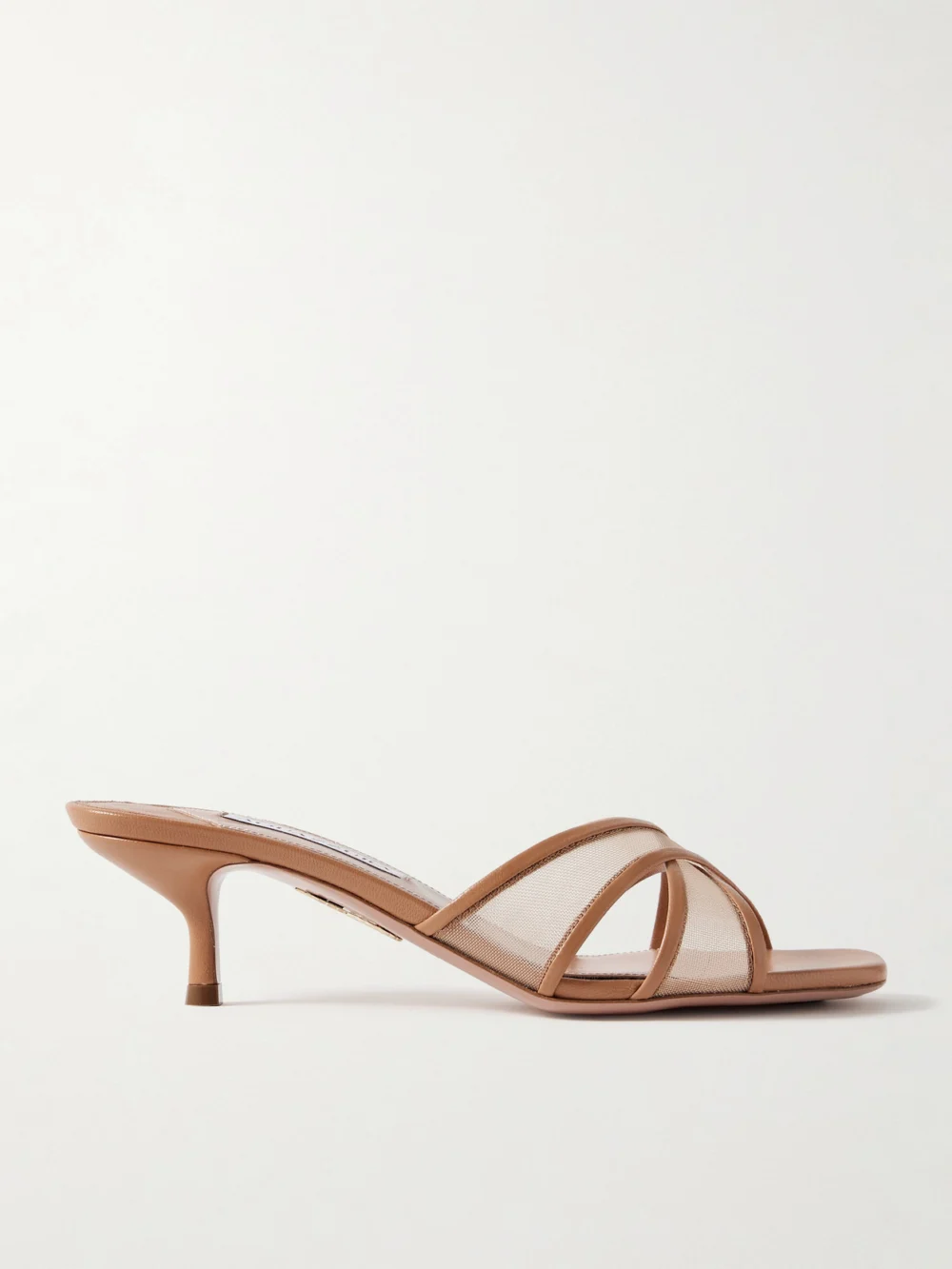 Aquazzura Divine 50 Leather-trimmed Tulle Mules in tan