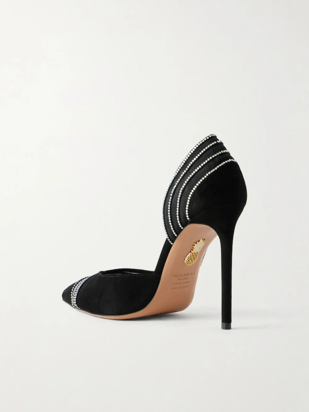 Back view of the Aquazzura Dream Girl 105 Embellished Suede and Mesh Pumps