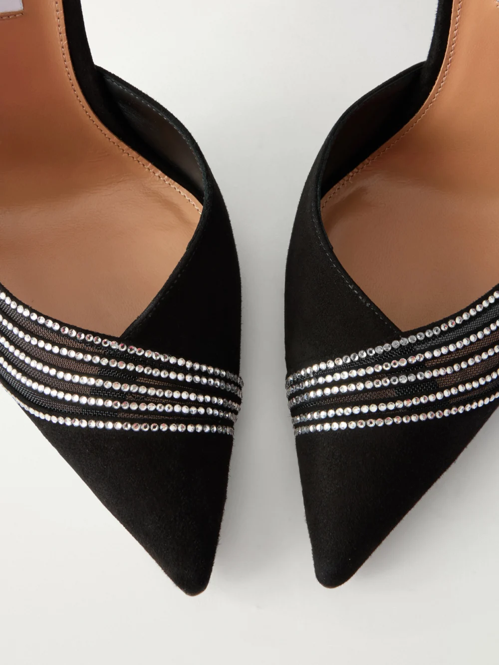 Close-up detail of the Aquazzura Dream Girl 105 Embellished Suede and Mesh Pumps