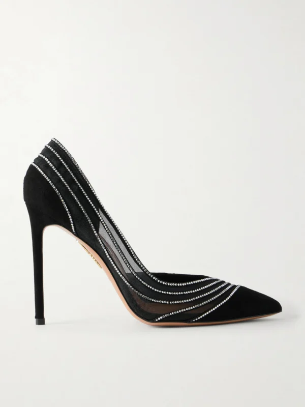 Aquazzura Dream Girl 105 Embellished Suede and Mesh Pumps