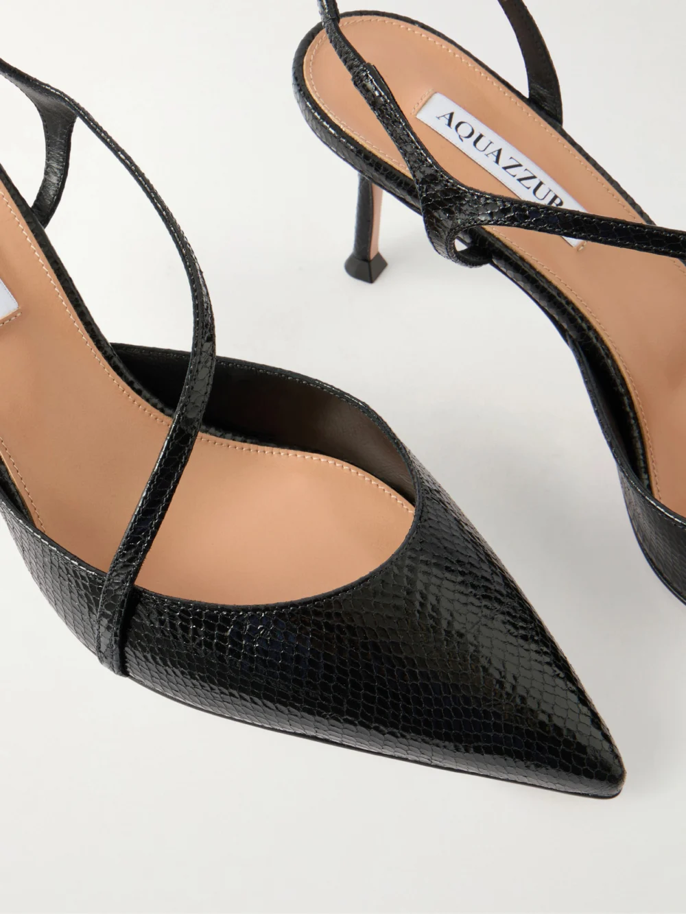 Close-up detail of the Aquazzura Dynasty 65 Snake-effect Leather Slingback Pumps