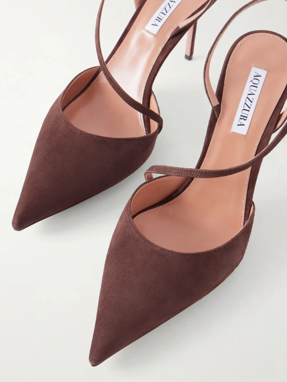 Close-up detail of the Aquazzura Dynasty 85 Suede Pump