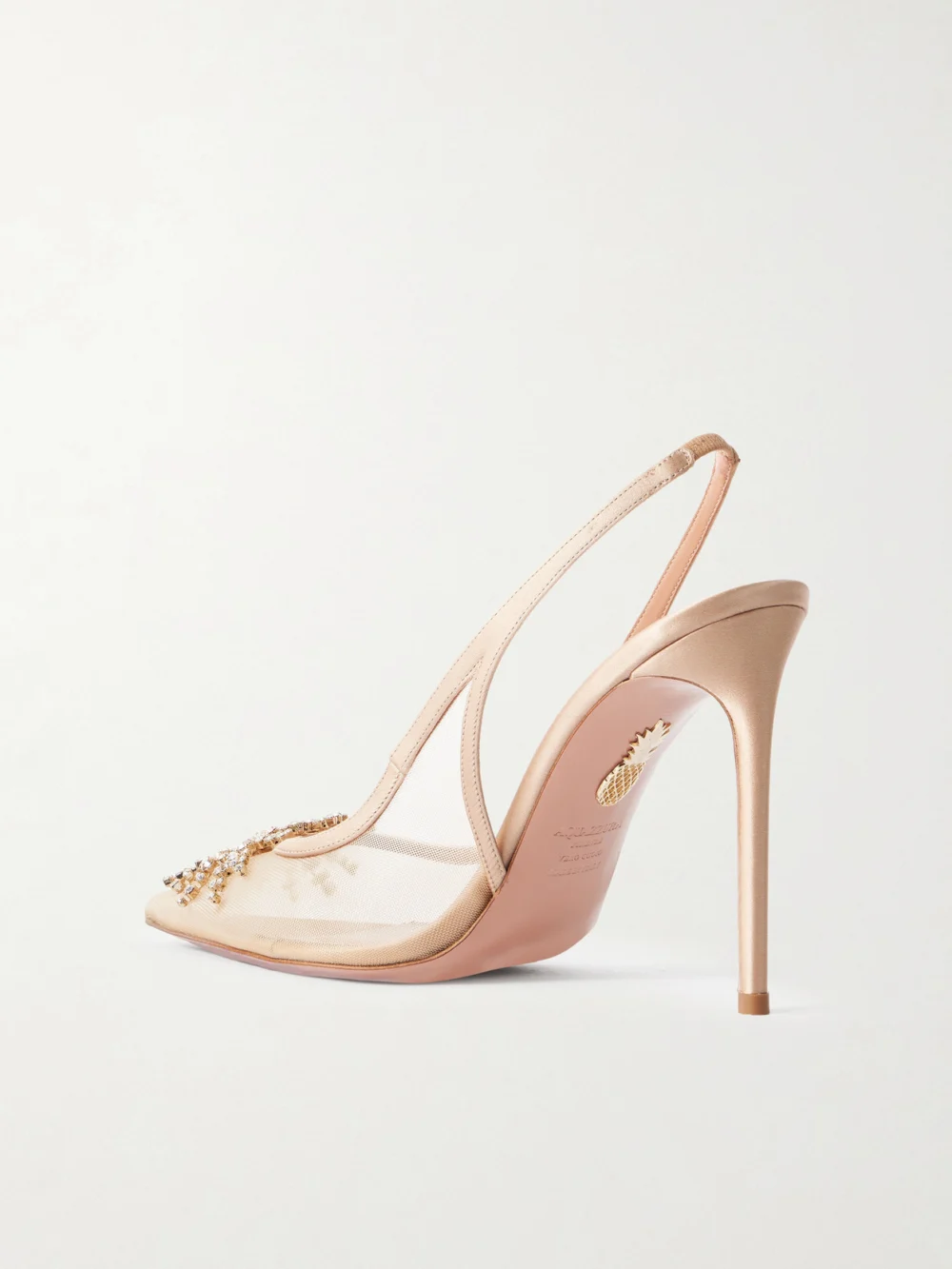 Back view of the Aquazzura Firework 105 Crystal-embellished Satin-trimmed Mesh Pumps